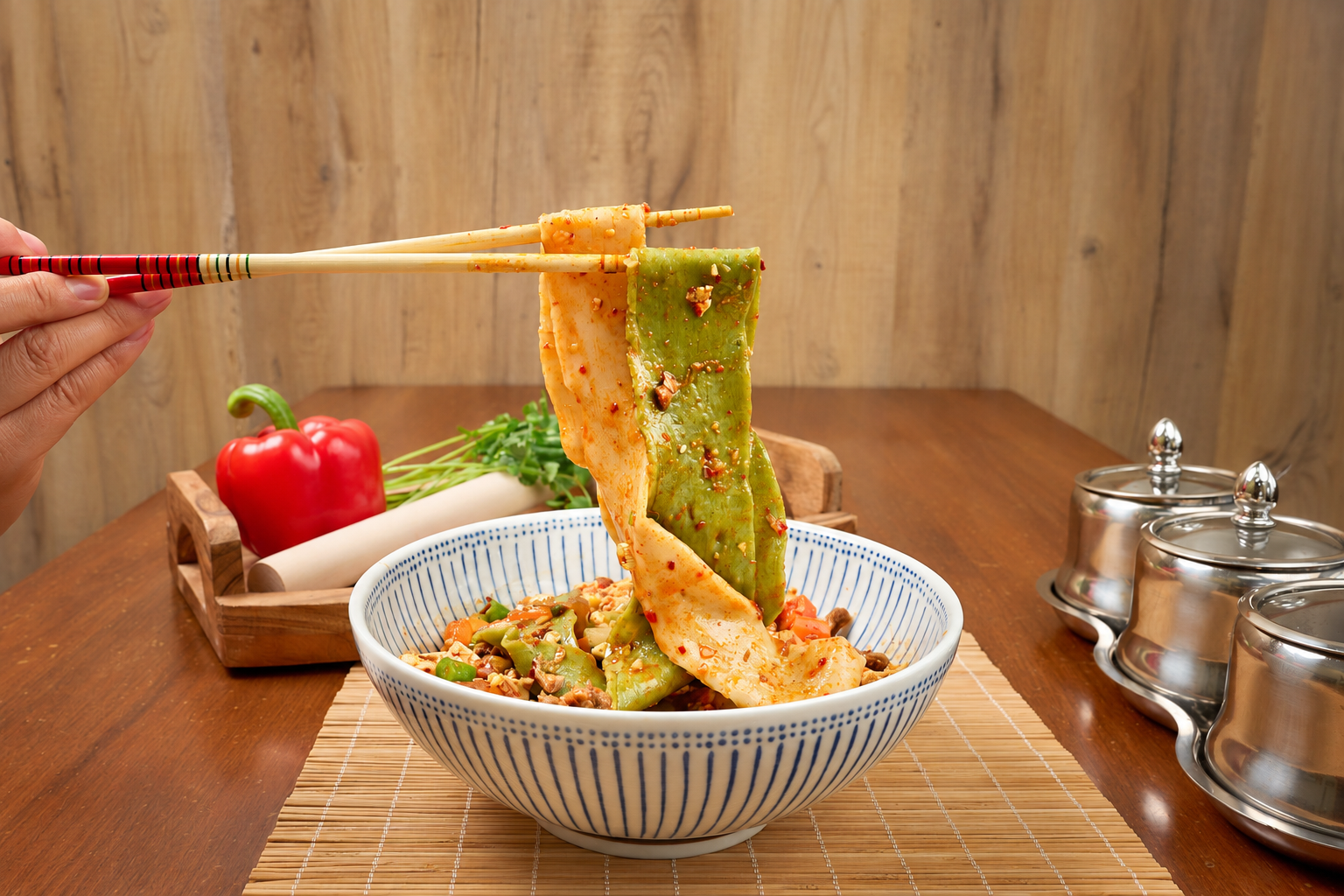 Bright, wide and chewy Biang Biang noodles lifted with chopsticks beside traditional condiment containers