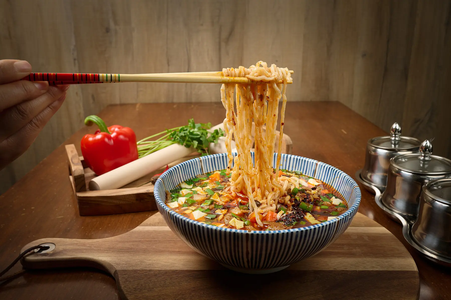 A bowl of freshly prepared DL Eats noodle soup